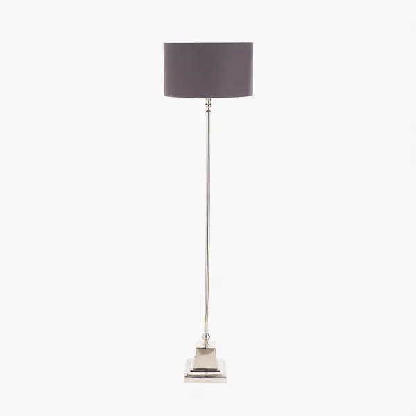 Claudius Nickel Metal Stick Floor Lamp Base with Henry 40cm Grey Handloom Cylinder Lampshade