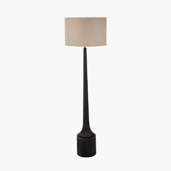 Marin Black Wood Tall Neck Floor Lamp Base with Edward 45cm Natural Linen Cylinder Lampshade