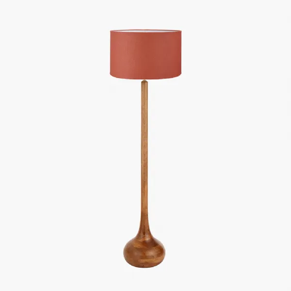 Oiled Wood Tall Neck Floor Lamp Tobacco Cylinder Lampshade