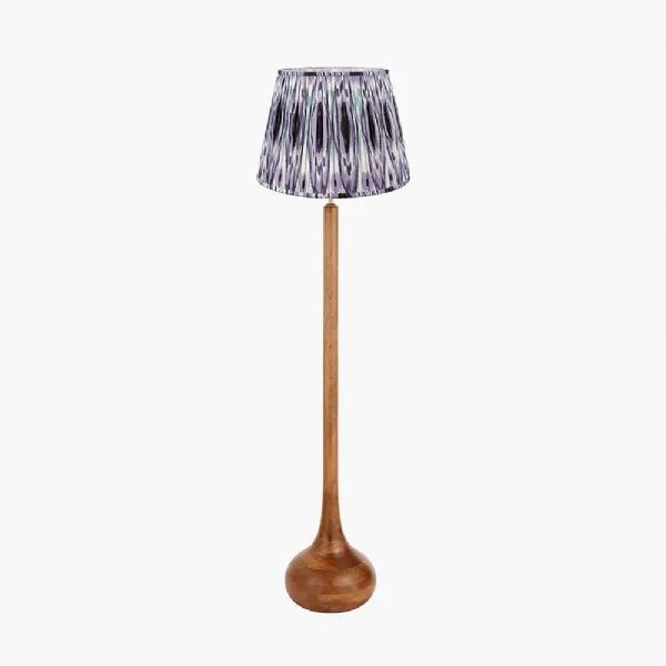 Toma Oiled Wood Tall Neck Floor Lamp Base with Izara 45cm Lilac Ikat Patterned Mushroom Pleat Tapered Lampshade