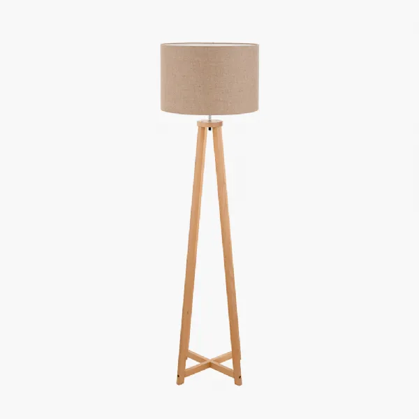 Whitby Natural Wood Tapered 4 Post Floor Lamp Base with Edward 45cm Natural Linen Cylinder Lampshade