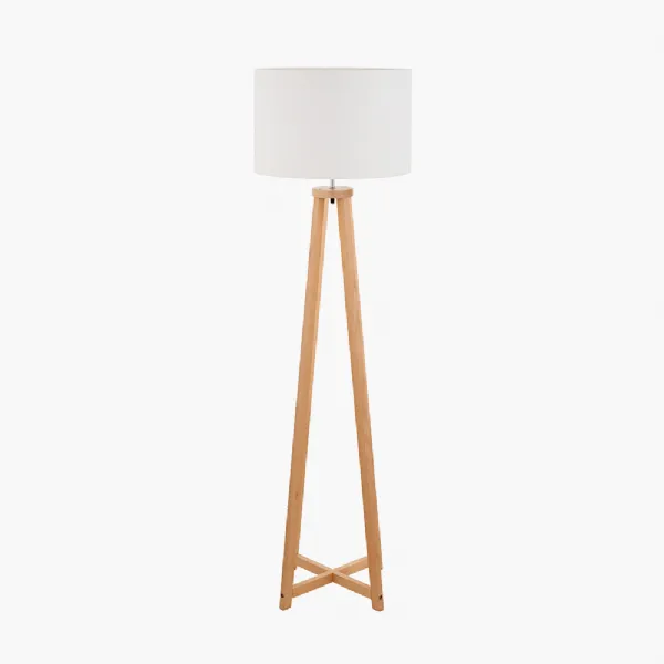 Whitby Natural Wood Tapered 4 Post Floor Lamp Base with Lino 45cm White Self Lined Linen Cylinder Lampshade