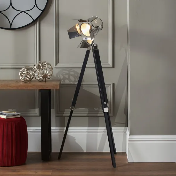 Silver and Black Metal Tripod Hollywood Style Floor Lamp