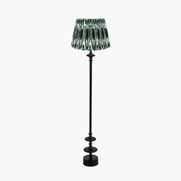 Emilio Matt Black Candlestick Floor Lamp Base with Izara 45cm Racing Green Ikat Patterned Mushroom Pleat Tapered Lampshade