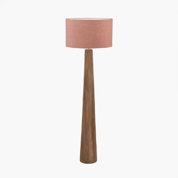 Esha Natural Conical Wood Floor Lamp Base with Edward 50cm Apricot Linen Cylinder Lampshade