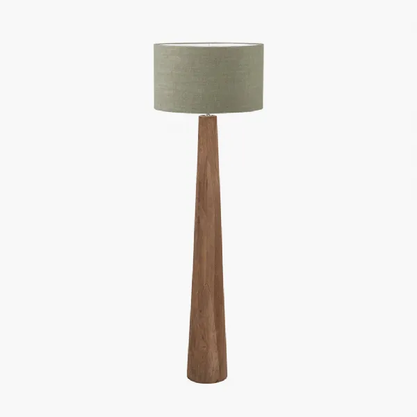 Esha Natural Conical Wood Floor Lamp Base with Edward 50cm Pistachio Green Linen Cylinder Lampshade