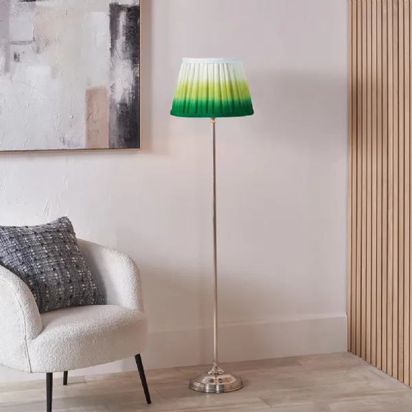 Silver Metal Stick Floor Lamp with Emerald Pleated Shade