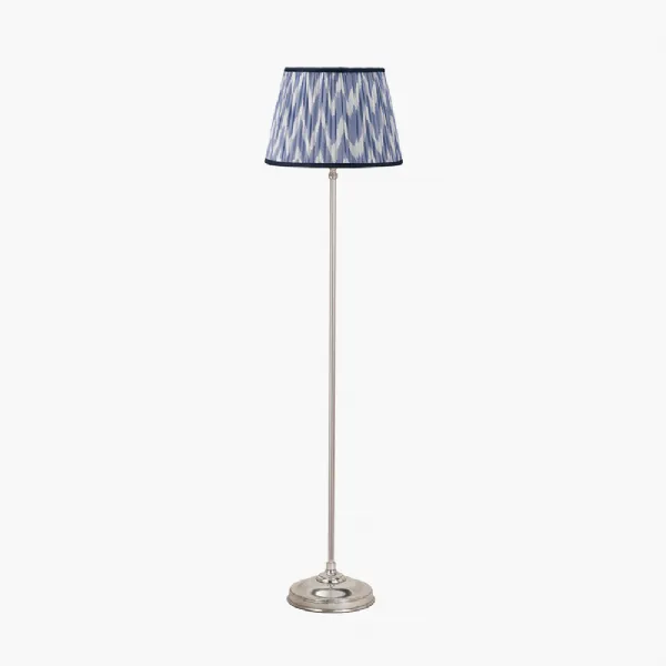 Auden Silver Metal Stick Floor Lamp Base with Kamilah 35cm Blue Chevron Patterned Mushroom Pleat Tapered Lamp Shade