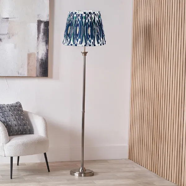 Antique Silver Metal Floor Lamp Ocean Blue Pleated Lampshade