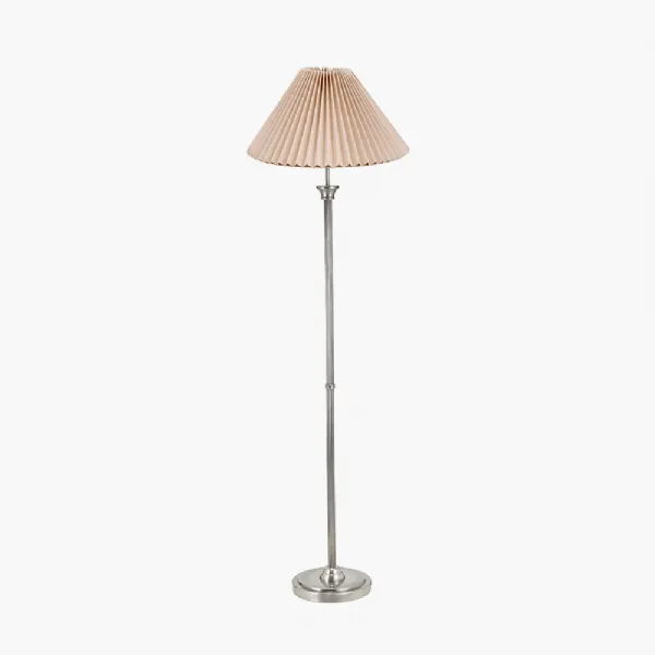 Salvatore Antique Silver Metal Floor Lamp Base with Amelia 45cm Natural Linen Hard Pleat Tapered Lampshade