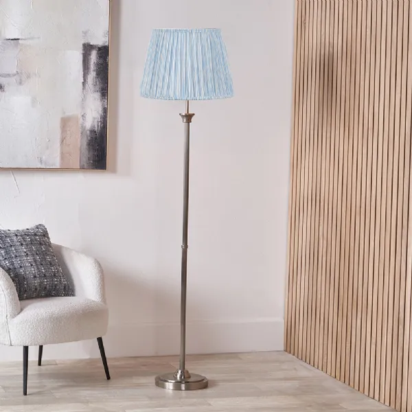 Antique Silver Metal Floor Lamp Ocean Blue Pleat Lampshade