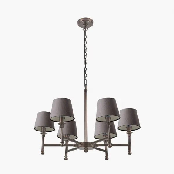 Piero Antique Bronze Metal 6 Arm Pendant with Pelham 15cm Grey Handloom Tapered Candle Clip Lampshade