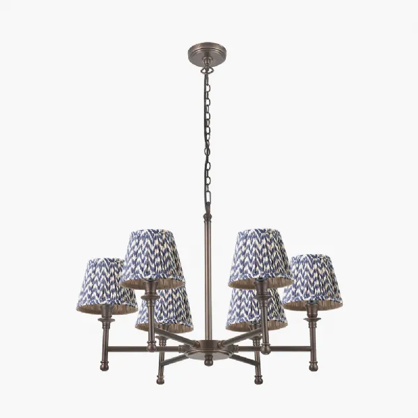 Piero Antique Bronze Metal 6 Arm Pendant with Vienna 16cm Blue Chevron Mushroom Pleat Lampshade