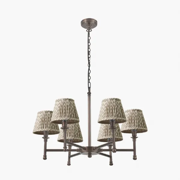 Piero Antique Bronze Metal 6 Arm Pendant with Vienna 16cm Taupe Chevron Mushroom Pleat Lampshade