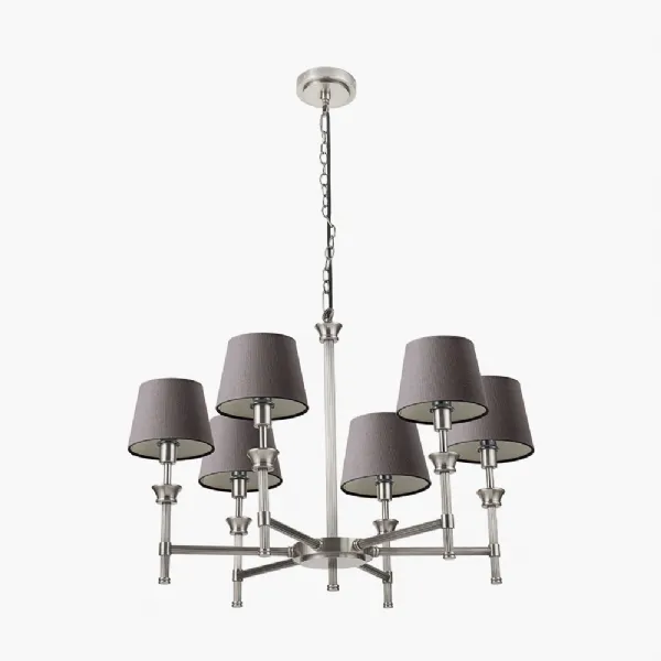Salvatore Antique Silver Metal 6 Arm Pendant with Pelham 15cm Grey Handloom Tapered Candle Clip Lampshade
