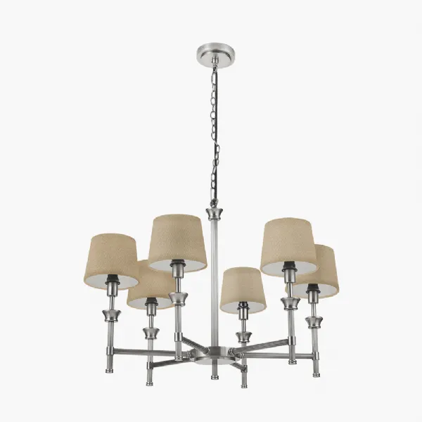 Salvatore Antique Silver Metal 6 Arm Pendant with Pelham 15cm Taupe Handloom Tapered Candle Clip Lampshades