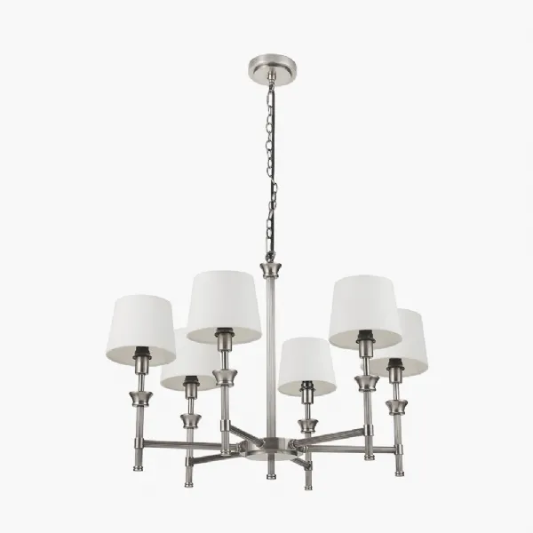 Salvatore Antique Silver Metal 6 Arm Pendant with Pelham 15cm White Handloom Tapered Candle Clip Lampshades