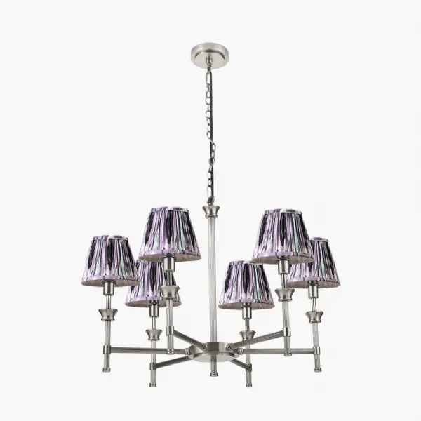 Salvatore Antique Silver Metal 6 Arm Pendant with Izara 16cm Lilac Ikat Patterned Mushroom Pleat Tapered Lampshade