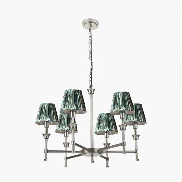 Salvatore Antique Silver Metal 6 Arm Pendant with Izara 16cm Racing Green Ikat Patterned Mushroom Pleat Tapered Lampshade
