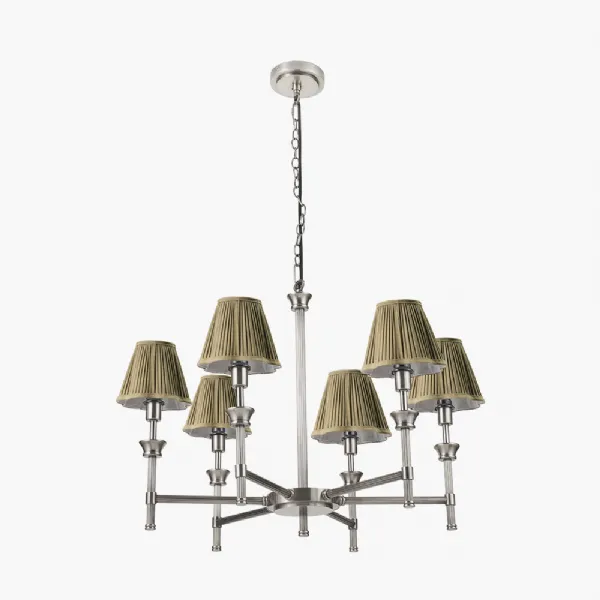 Salvatore Antique Silver Metal 6 Arm Pendant with Malia 18cm Olive Green Mushroom Pleat Scalloped Tapered Lamp Shade