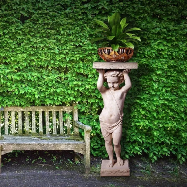 Roman Stone Finish Outdoor Cherub Pedestal 106cm