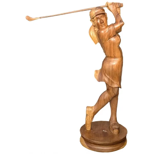 Natural Suar Wood Statue of Female Golfer Hand Carved 85cm