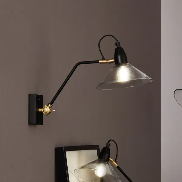 Black Metal and Clear Glass Cone Adjustable Wall Light