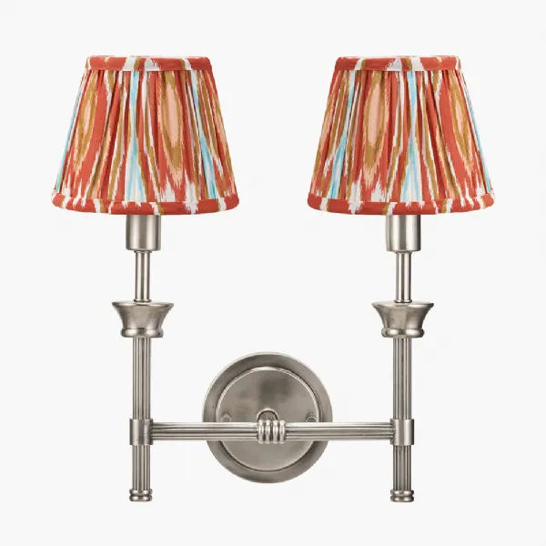 Salvatore Antique Silver Metal Double Wall Light with Izara 16cm Cinnamon Ikat Patterned Mushroom Pleat Tapered Lampshade