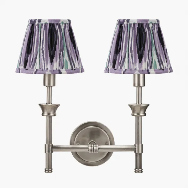 Salvatore Antique Silver Metal Double Wall Light with Izara 16cm Lilac Ikat Patterned Mushroom Pleat Tapered Lampshade