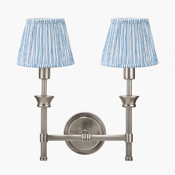 Salvatore Antique Silver Metal Double Wall Light with Thiago 16cm Ocean Blue Stripe Mushroom Pleat Tapered Lampshade