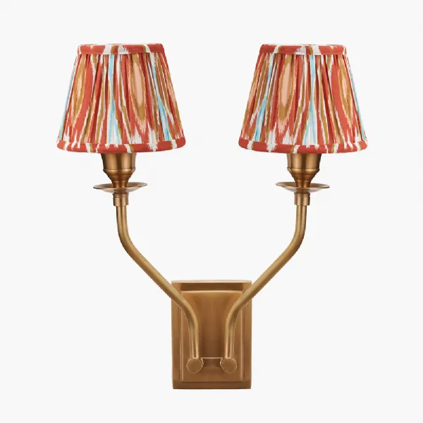 Tatiana Antique Brass Metal Double Wall Light with Izara 16cm Cinnamon Ikat Patterned Mushroom Pleat Tapered Lampshade