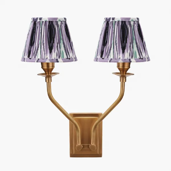 Tatiana Antique Brass Metal Double Wall Light with Izara 16cm Lilac Ikat Patterned Mushroom Pleat Tapered Lampshade