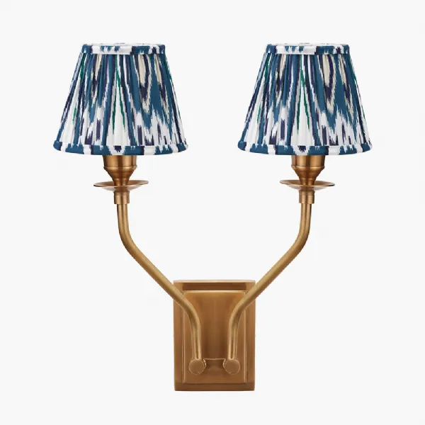 Tatiana Antique Brass Metal Double Wall Light with Izara 16cm Ocean Blue Ikat Patterned Mushroom Pleat Tapered Lampshade