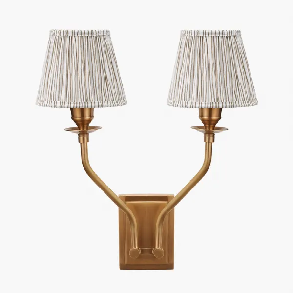 Tatiana Antique Brass Metal Double Wall Light with Thiago 16cm Natural Stripe Mushroom Pleat Tapered Lampshade