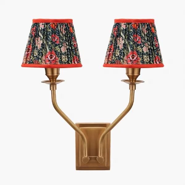 Tatiana Antique Brass Metal Double Wall Light with Floressa 16cm Red Floral Patterned Mushroom Pleat Tapered Lamp Shade