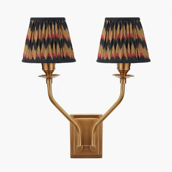 Tatiana Antique Brass Metal Double Wall Light with Athira 16cm Multi Chevron Design Mushroom Pleat Tapered Lamp Shade