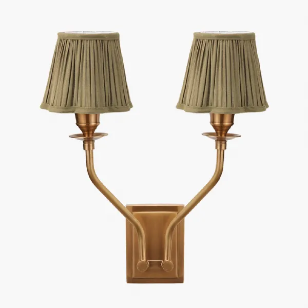 Tatiana Antique Brass Metal Double Wall Light with Malia 18cm Olive Mushroom Pleat Scalloped Tapered Lamp Shade