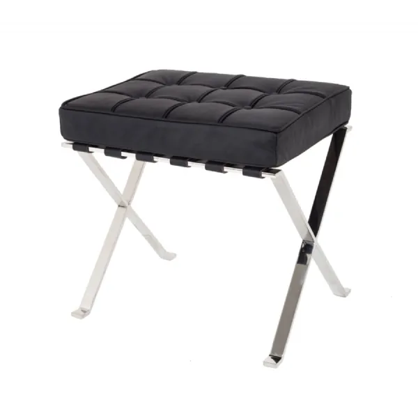 Black Leather Cushion Stool with Nickel Metal X Frame