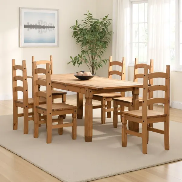 Waxed Wood Extending Large Dining Table Set with 6 Chairs