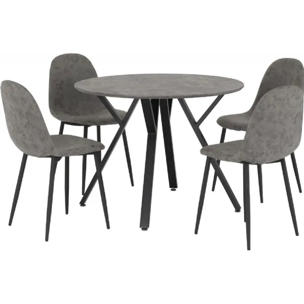 Athens Round Dining Set Concrete Effect Black Grey Faux Leather