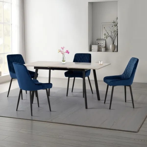 Concrete Texture Extending Dining Set with 4 Blue Chairs