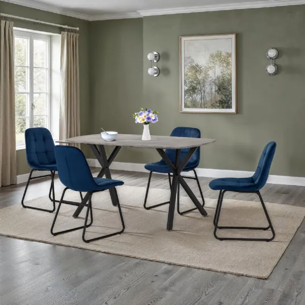 Concrete Textured Wood Dining Table Set with 4 Blue Chairs