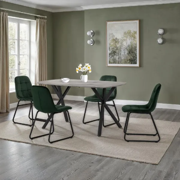 Concrete Textured Wood Dining Table Set with 4 Green Chairs