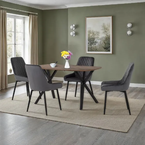 Medium Oak Dining Table Set with 4 Grey Velvet Chairs
