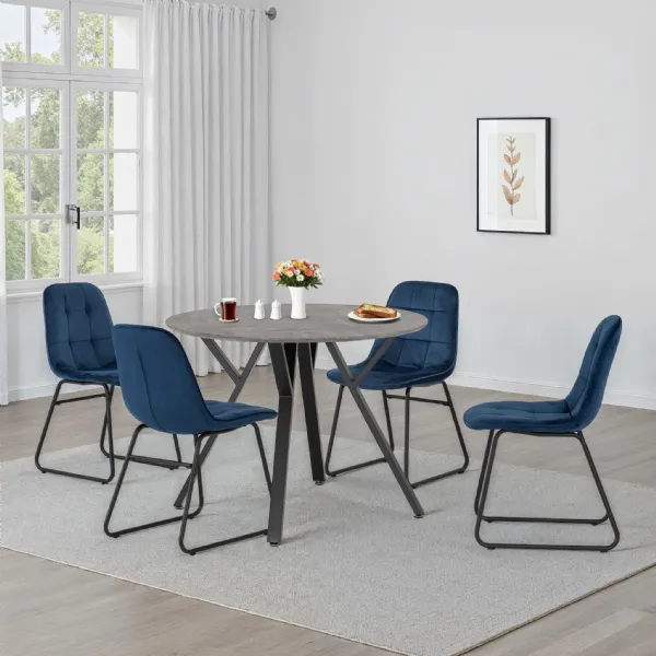 Concrete Effect Round Dining Table Set with 4 Blue Chairs