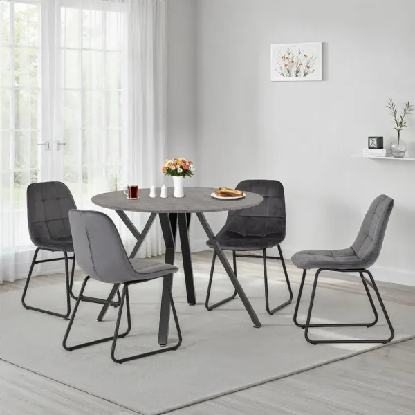 Concrete Effect Round Dining Table Set with 4 Grey Chairs