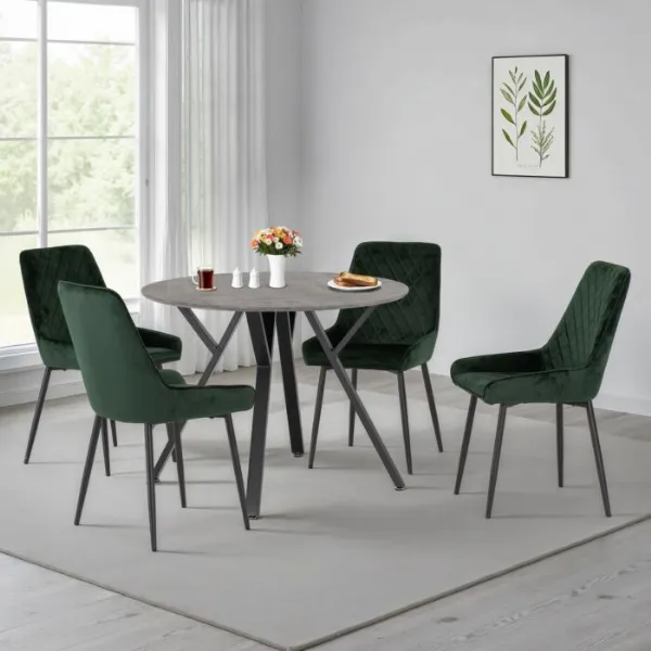 Concrete Texture Round Dining Table Set with 4 Green Chairs