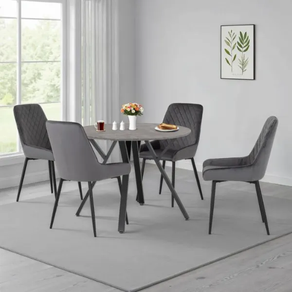 Concrete Texture Round Dining Table Set with 4 Grey Chairs