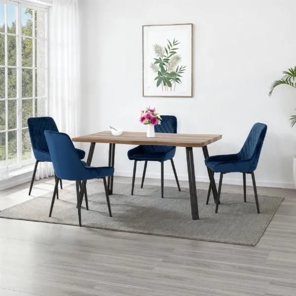 Medium Oak Wave Style Dining Table Set with 4 Blue Chairs