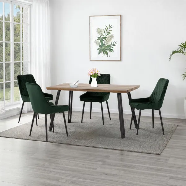 Medium Oak Wave Style Dining Table Set with 4 Green Chairs